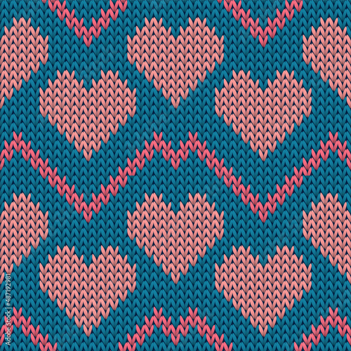 Hygge heart knit scandinavian vector seamless pattern. Knitted texture valentine