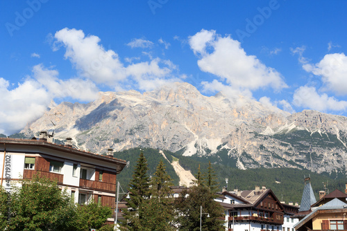 Cima Tofana mountain panorama view with houses in Cortina d'Ampezzo, Italy