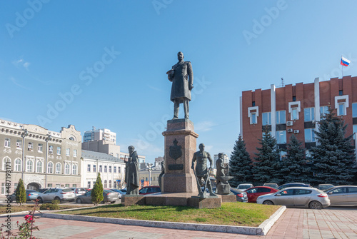Saratov, Russia. October 13, 2021 Multi-figure Monument to Stolypin in Saratov before the Saratov Regional Duma