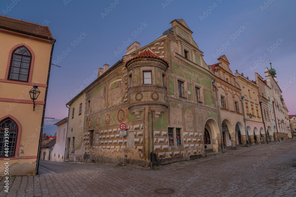 Telc old historical town in winter frosty morning before sunrise