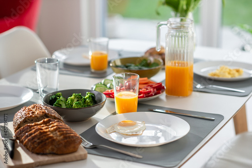 Breakfast closeup with eggs  wholegrain bread  fresh broccoli  and orange juice