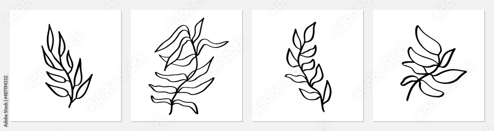 One line tropical palm tree leaves. Modern single line art leaf drawing, plants outline contour isolated. Perfect for home decor posters, wall art or print, label, logo. Vector illustration