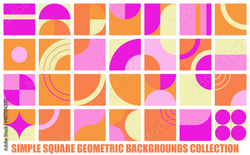 Simple square geometric backgrounds bundle. Modern Bauhaus elements pattern with circles, lines and squares. Set with different minimal graphic shapes, mid century design elements. Vector illustration