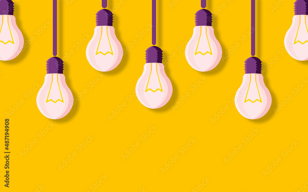 Naklejka premium Transparent light bulbs hang on a yellow background and cast a shadow. Creative business idea concept.