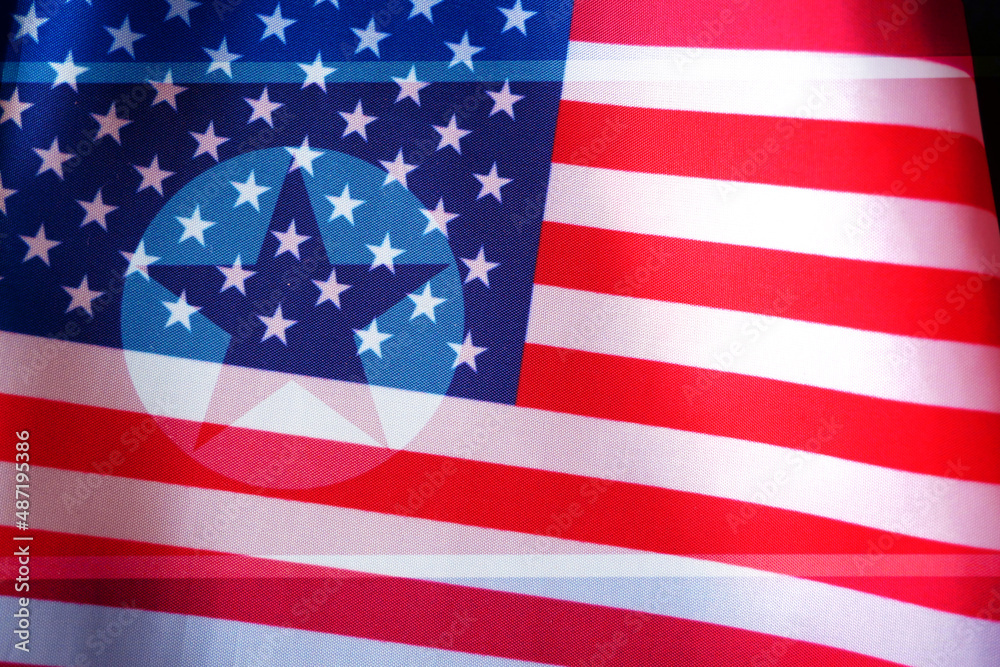 Fototapeta premium north korea flag and usa united states of america flag, crisis north korean for nuclear atomic bomb risk war