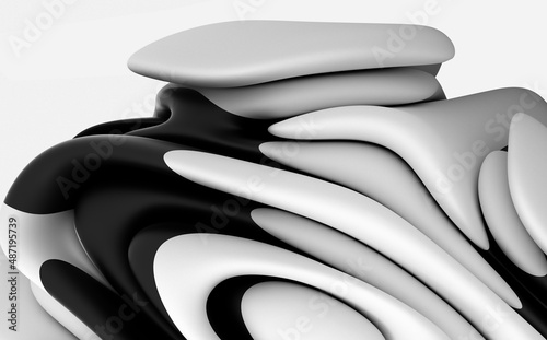 3d render abstract art monochrome 3d background with part of white surreal spherical stone sculpture in organic curve wavy smooth and soft biological lines forms with matte black parts