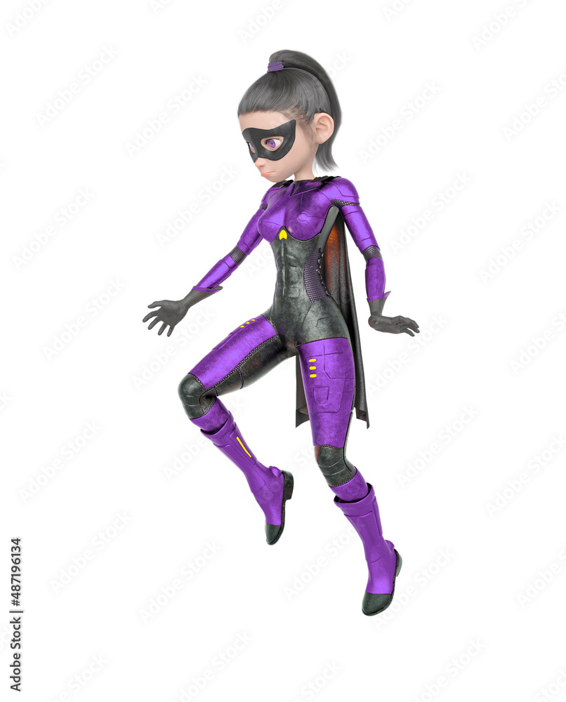 superheroine girl is floating and looking down in white background superheroine girl is floating and looking down in white background
