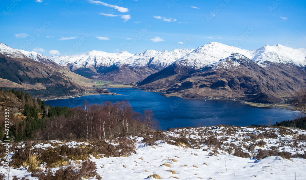Five Sisters of Kintail mountains peaks  over Loch Duich