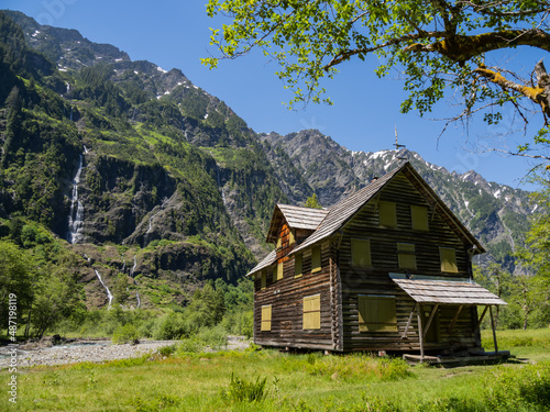 The historic ski chalet in Enchanted Valley along the riverbanks of the Quinault river in Olympic National Park. photo