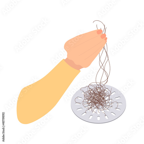 Hand removing hair clump from the shower drain. Hair fall problem and alopecia diagnostics concept. Cleaning grid after washing scalp. Cartoon vector illustration