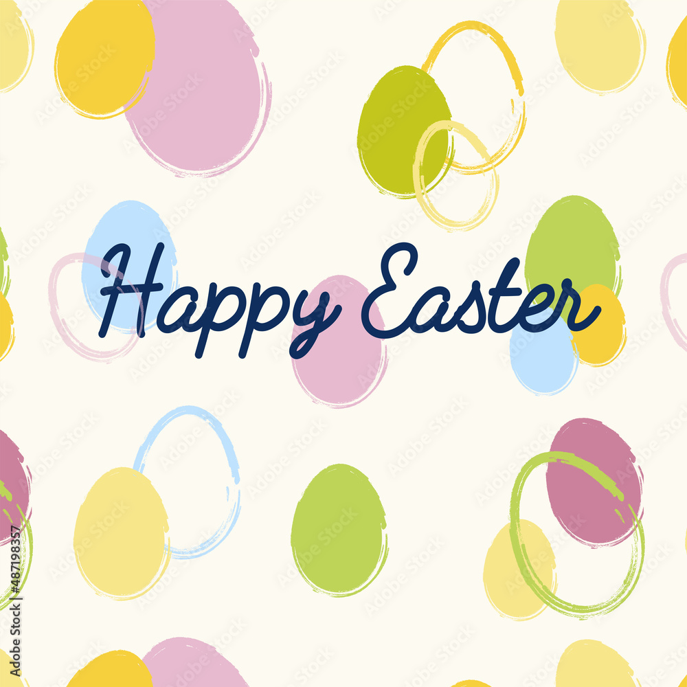 A pattern with multicolored eggs in calm tones and with the inscription Happy Easter