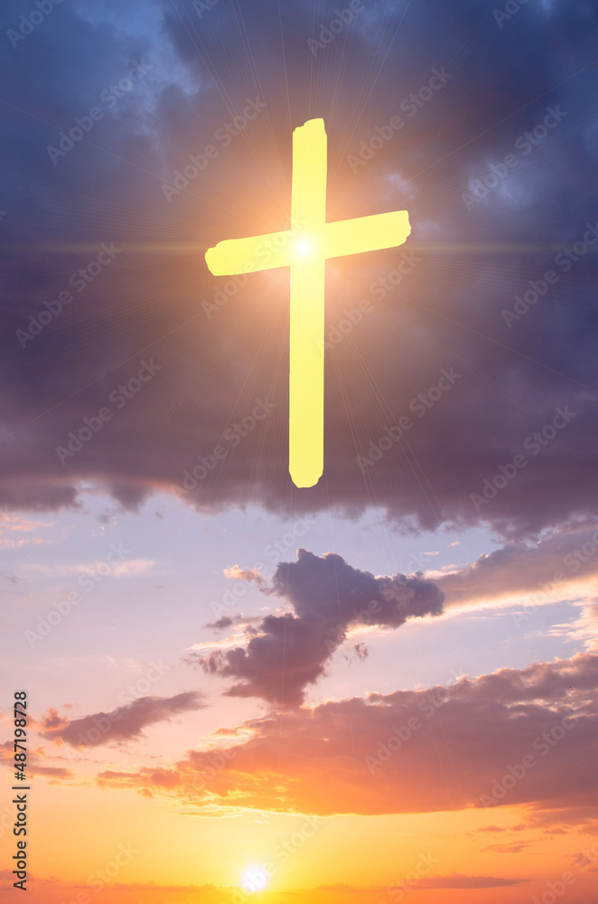 Sunset photo with the concept of a Christian cross in the sky, symbolizing faith in God. Sunset photo with the concept of a Christian cross in the sky, symbolizing faith in God.