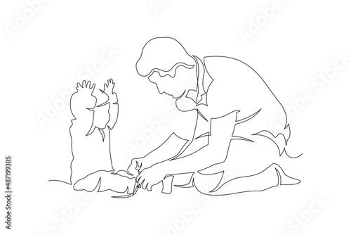 Father tightening shoes to son illustration continuous line drawing. Vector illustration.
