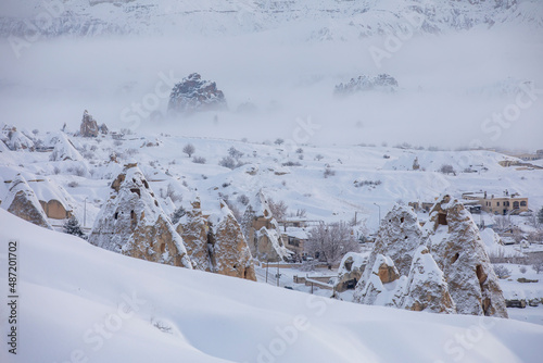 Pigeon Valley and Cave town in Goreme during winter time. Cappadocia  Turkey. Open air museum  Goreme national park. Heavenly landscape