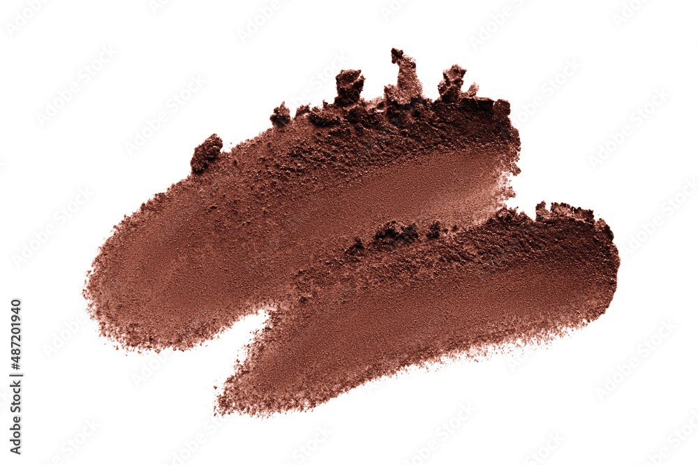 Broken brown eye shadow swatch isolated on white background. Dark chocolate color eyeshadow makeup powder texture Broken brown eye shadow swatch isolated on white background. Dark chocolate color eyeshadow makeup powder texture