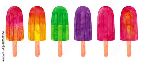 Hand drawn watercolor ice cream isolated on white background. Watercolor illustration of juicy ice creams on wooden stick