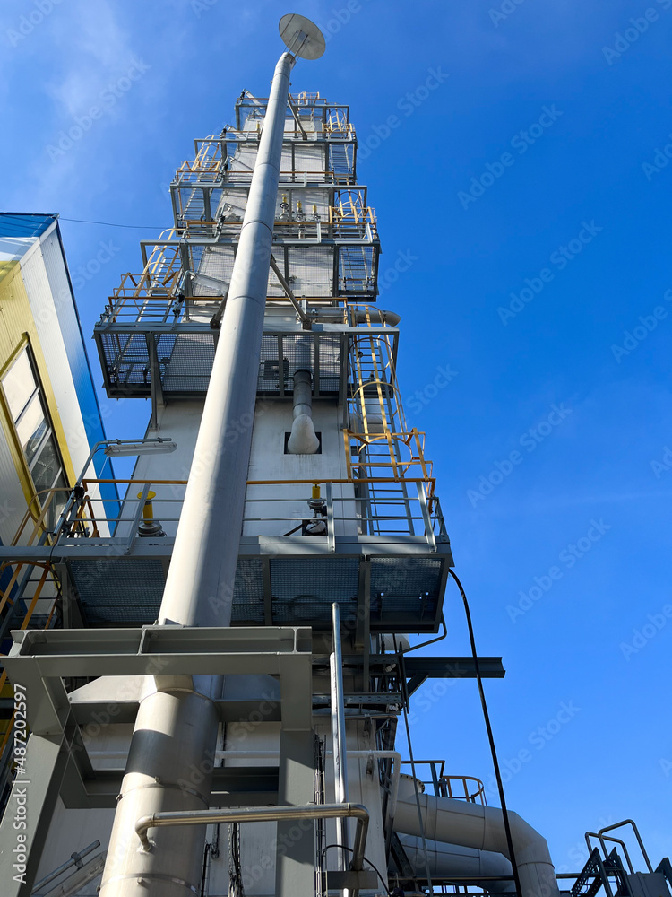 Production of oxygen and nitrogen from the air. Exterior view of the rectification column for air separation