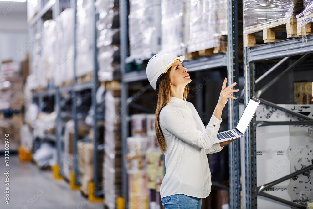 A supervisor looking at goods in warehouse and entering data in laptop. A supervisor looking at goods in warehouse and entering data in laptop.