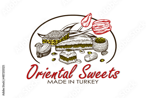 Sketch drawing poster of oriental sweets logo with red tulips isolated on white background. Art line Turkish baklava, drawn Istanbul dessert, honey, pistachios, tulumba, almond. Vector illustration.