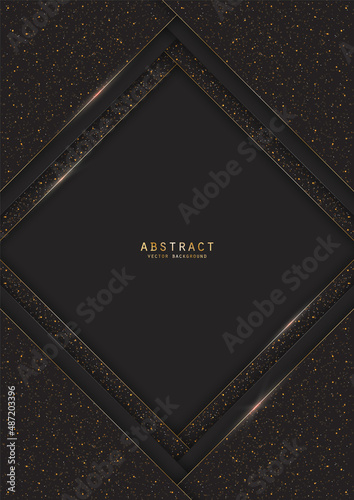 Vector black luxury layered background with shiny glitter, sparkles, elegant gold borders and copy space. Premium decorative celebratory design template of invitation, brochure, notebook or card