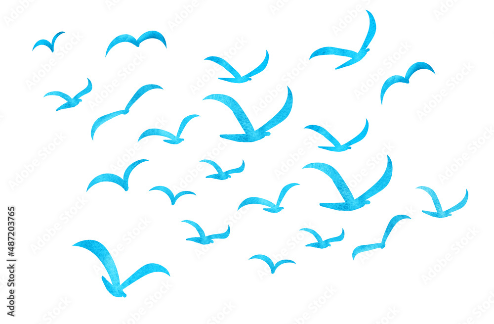 Fototapeta premium Silhouettes of groups of birds on white. Watercolor