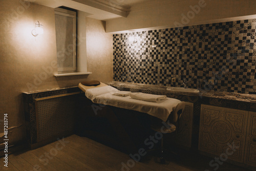 massage room. Massage table with candle