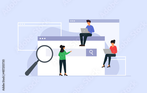 Vector illustration of web search concept. Tiny characters using laptop for searching info in web browser.