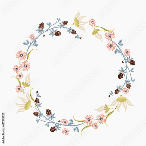 Beautiful vector floral frame. Cute wreath shaped blackberry flowers and berries perfect for banners, wedding invitations, greeting cards, decor in pastel colors on white background