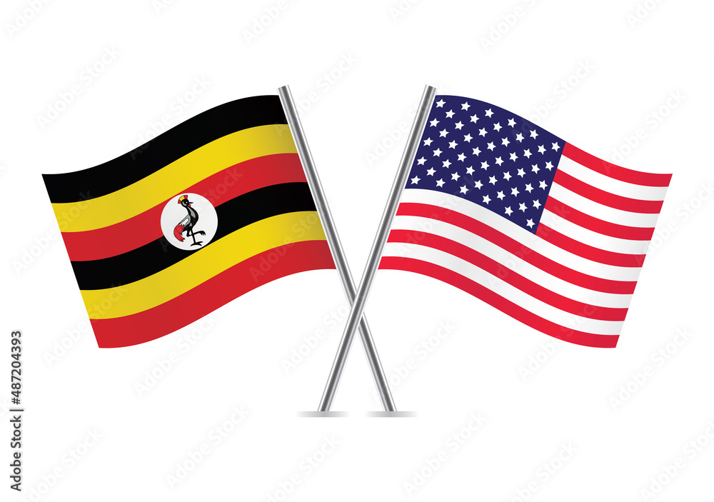 Obraz premium Uganda and America crossed flags. Ugandan and American flags, isolated on white background. Vector icon set. Vector illustration.