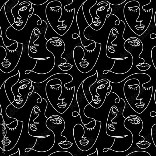 Seamless pattern of faces of an abstract woman.