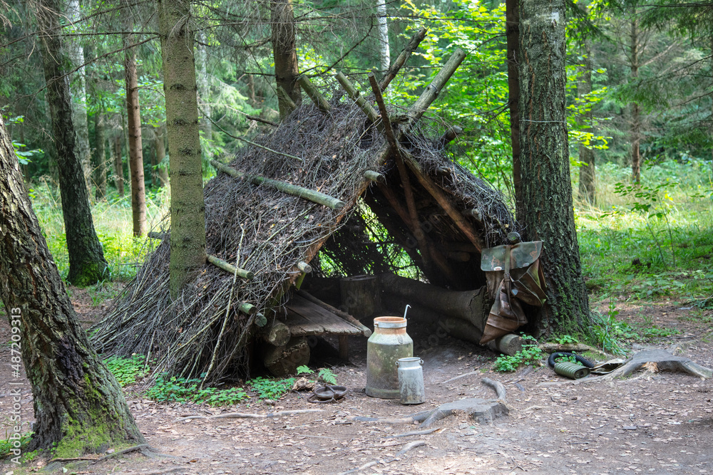 Obraz premium hut in the middle of the forest, built of wood, a tourist attraction