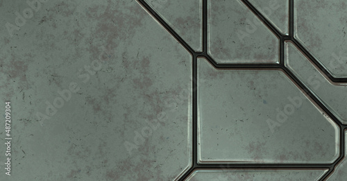 Fototapeta Naklejka Na Ścianę i Meble -  Futuristic conceptual design background. Spaceship texture wallpaper. Brushed technology pattern surface. 3D illustration. SciFi panels wall.