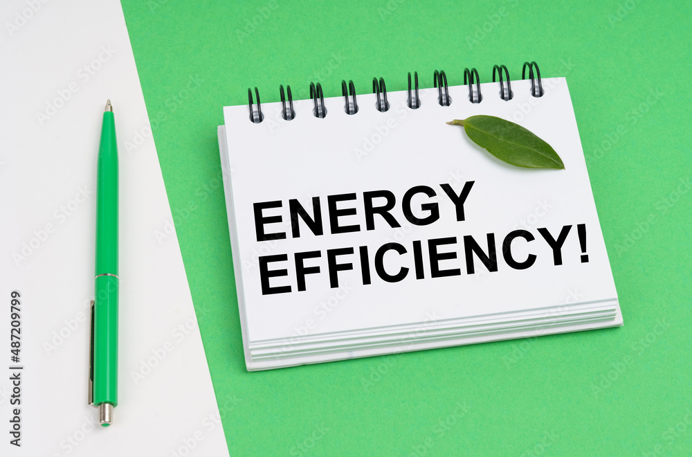 On a white-green background lies a pen, a leaf of a plant and a notepad with the inscription - Energy Efficiency On a white-green background lies a pen, a leaf of a plant and a notepad with the inscription - Energy Efficiency