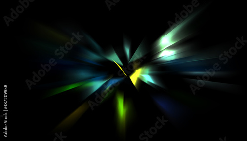 Cool background of moving glowing lights. Vibrant colorful portal template for your design. Light rays and glow particles in motion forming a wormhole shape.