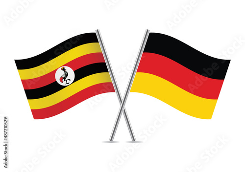 Uganda and Germany crossed flags. Ugandan and German flags isolated on white background. Vector icon set. Vector illustration.