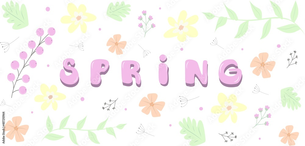 Spring is coming, a beautiful spring concept map. Hand-drawn inscription among beautiful flowers and leaves on a white background. Spring is coming, a beautiful spring concept map. Hand-drawn inscription among beautiful flowers and leaves on a white background.