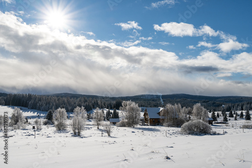 Winter and snow at Filipova Hut, sunny day at Sumava mountains