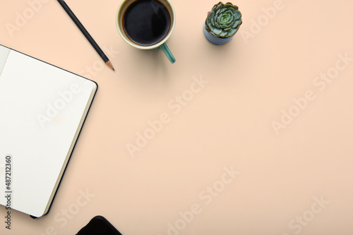 Modern business interior background of office desk top with stylish accesories in top view