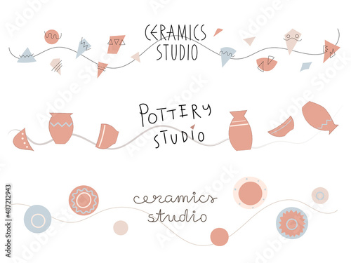 Banner Template, logotype for ceramics, pottery studio, class with hand drawn lettering and pot, plate, tile. Vector illustration