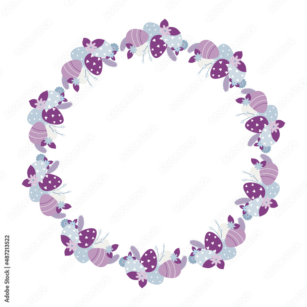 Vector illustration of Easter wreath made of flowers and eggs and feathers 
