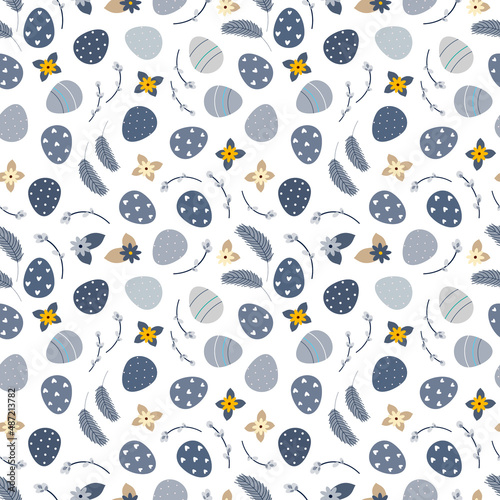 Vector illustration of blue seamless background of eggs and flowers and pussy willow on white surface