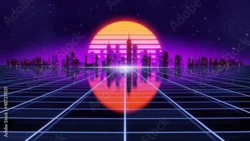 Retro-futuristic 80s style looping animation with night city background. Synthwave seamless loop cyberpunk cityscape for the music video.