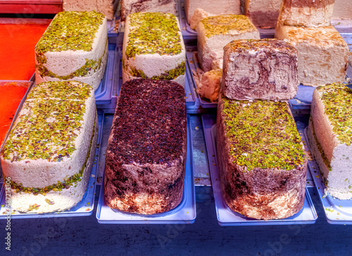 Traditional sweets exposed for sale at open market in Tel Aviv, Israel. photo