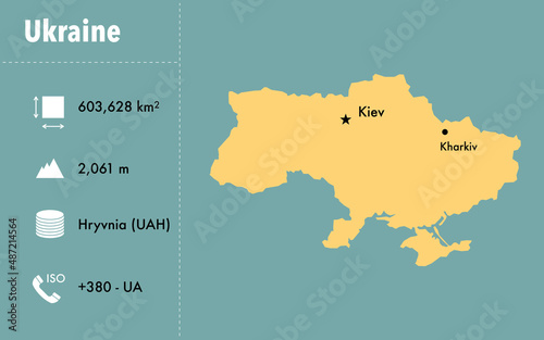 Map outline  biggest cities and general information about the country of Ukraine