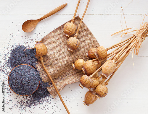 High angle close-up of broken dry poppy seed pod with ripe poppies. White wooden table with wooden bowl full of poppy seeds. Flat lay, top down view, no people.