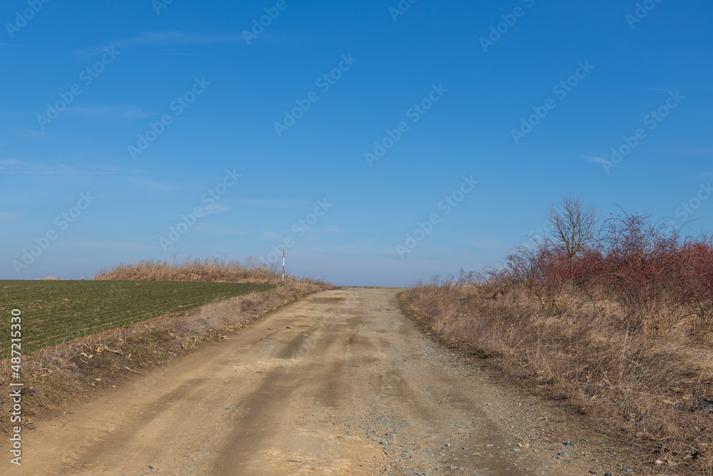 Spring dirt road. There is dry grass around the road. There are dramatic clouds in the sky.