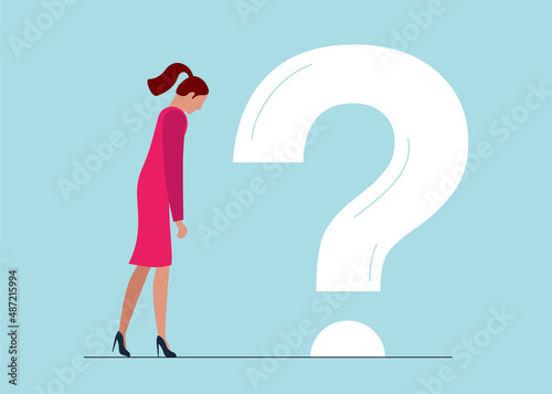 Young tired businesswoman without work or life energy. No idea and fatigue depression concept. Burnout syndrome and stress. Large question mark vector eps illustration