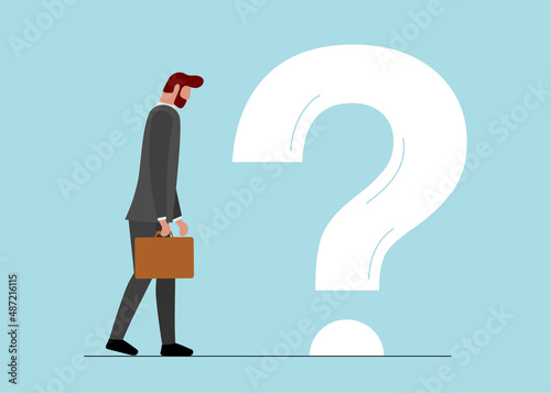 Young tired businessman without work or life energy. No idea and fatigue depression concept. Burnout syndrome and stress. Large question mark vector eps illustration