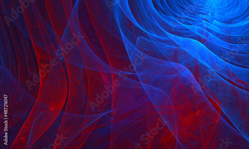 Vivid 3d artwork illustrating dynamic red blue pattern of fluid ribs, rhythm of translucent layers with neon folds, swirls, stains, membranes. Great as backdrop, cover print for electronics, poster.