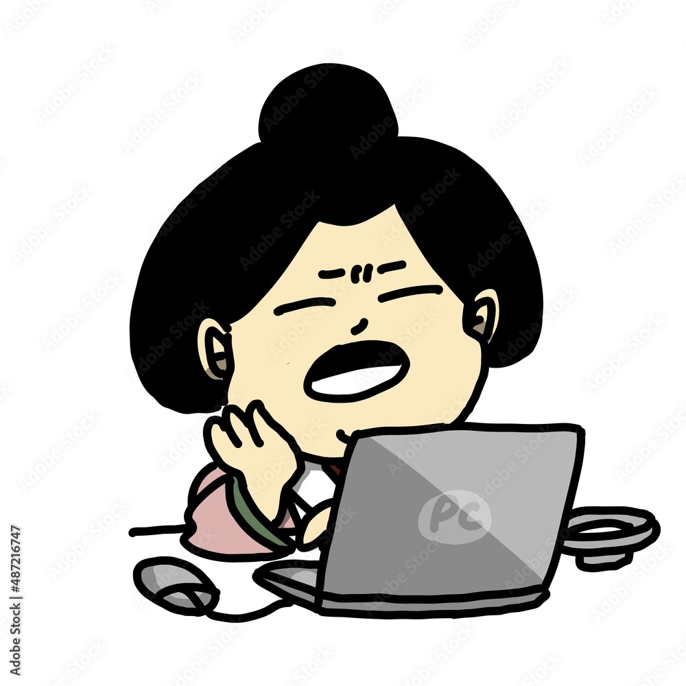 PCでネットサーフィンをする三人官女のイラスト PCでネットサーフィンをする三人官女のイラスト